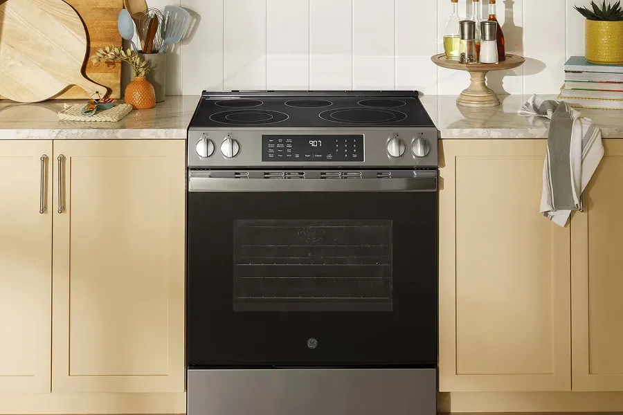 GE GRS600AVFS 30in Slide-In Electric Range featuring No Preheat Air Fry and EasyWash Oven Tray for easy cleanup.